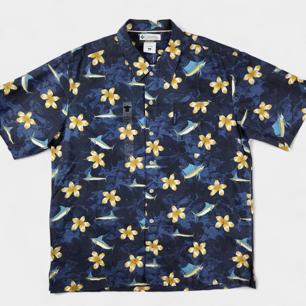 Columbia Campshirt Men's Large Blue Floral Fish Print Stratford Cove